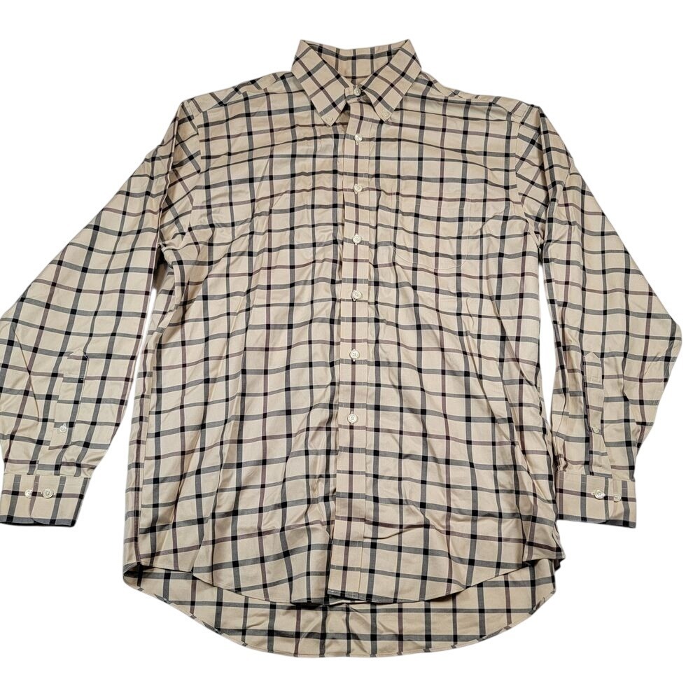 Brooks Brothers Men's Button Down Shirt Sz L Large Beige Tan Plaid Cotton